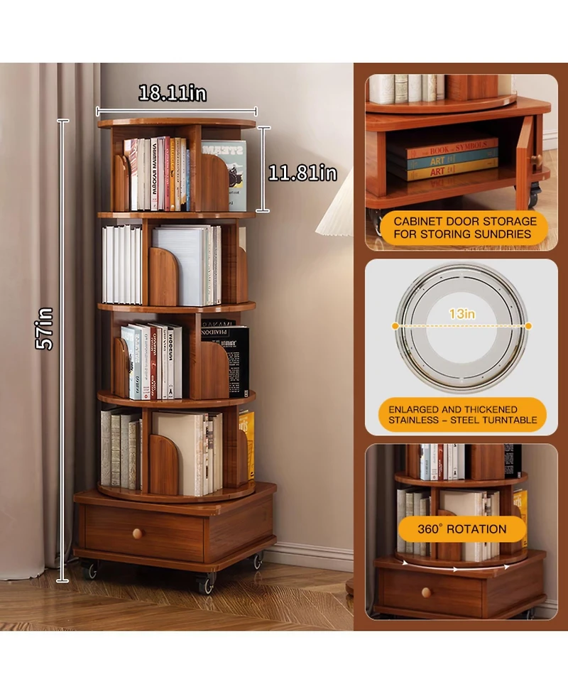 Streamdale Furniture Rotating 5-Tier Corner Bookshelf with Drawer (Walnut)