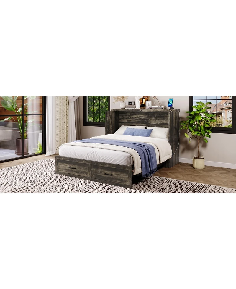 Streamdale Furniture Murphy Bed Queen with Charging & Storage - Rustic Gray