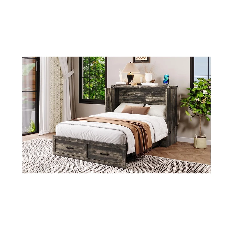 Streamdale Furniture Murphy Bed Cabinet Full Size with Charging Station