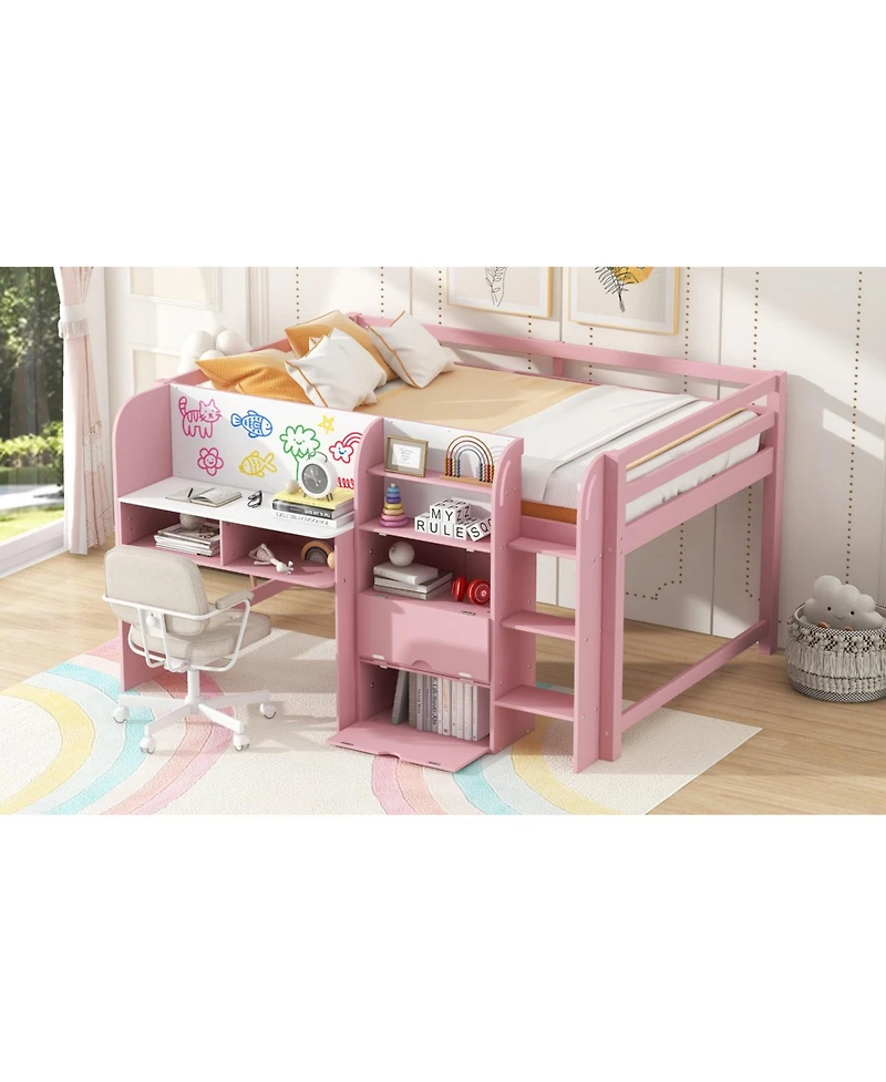 Streamdale Furniture Pink Low Loft Bed with Desk, Storage & Whiteboard