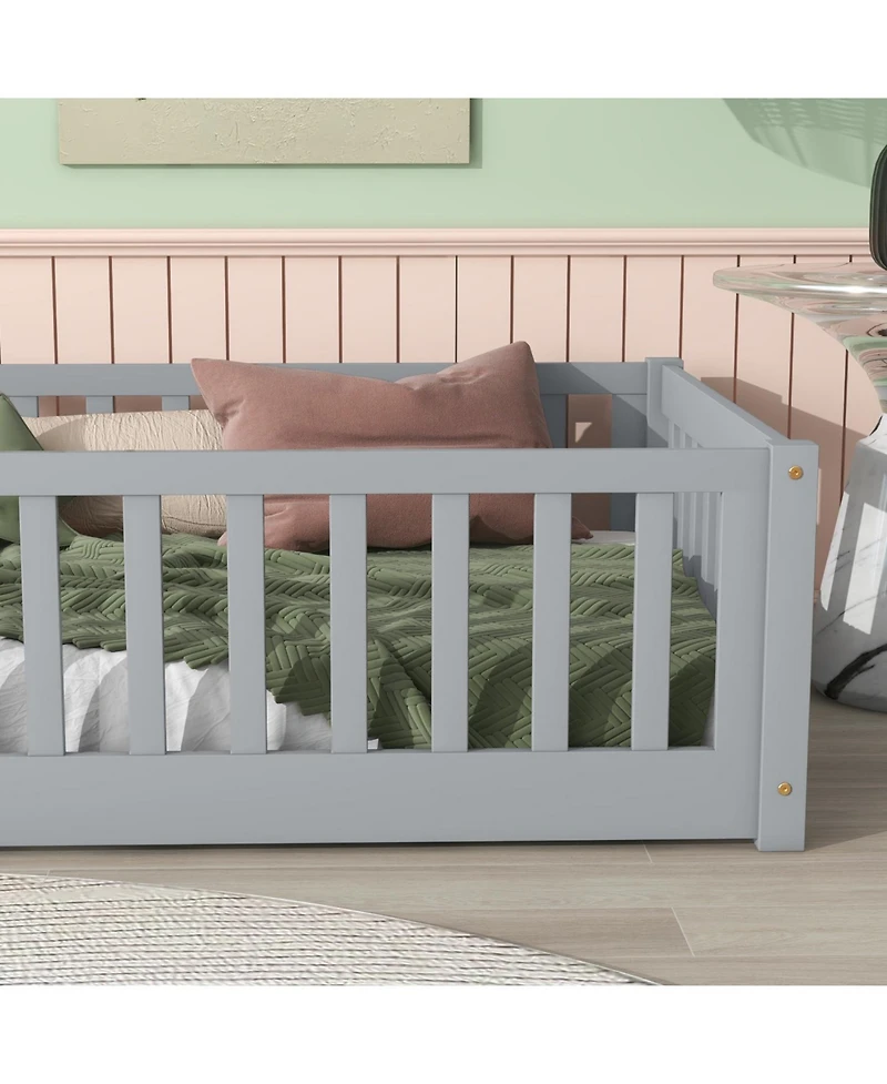 Streamdale Furniture Twin Floor Bed with Fence, Rubber Wood, Grey