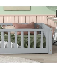 Streamdale Furniture Twin Floor Bed with Fence, Rubber Wood, Grey