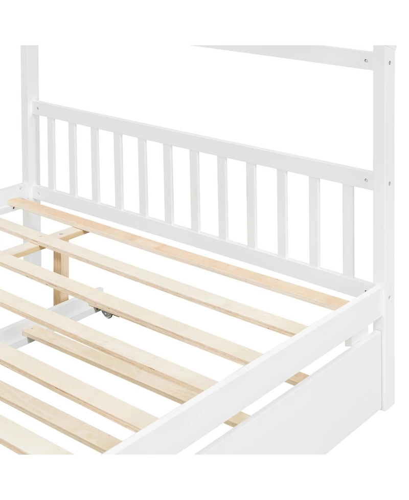 Streamdale Furniture Full Size Wooden House Bed with Twin Size Trundle, White