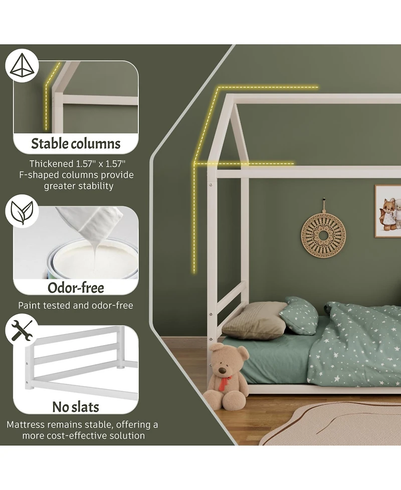 Streamdale Furniture Montessori Metal Floor Bed Frame, House Bed with Guardrails, Kids/Toddlers.