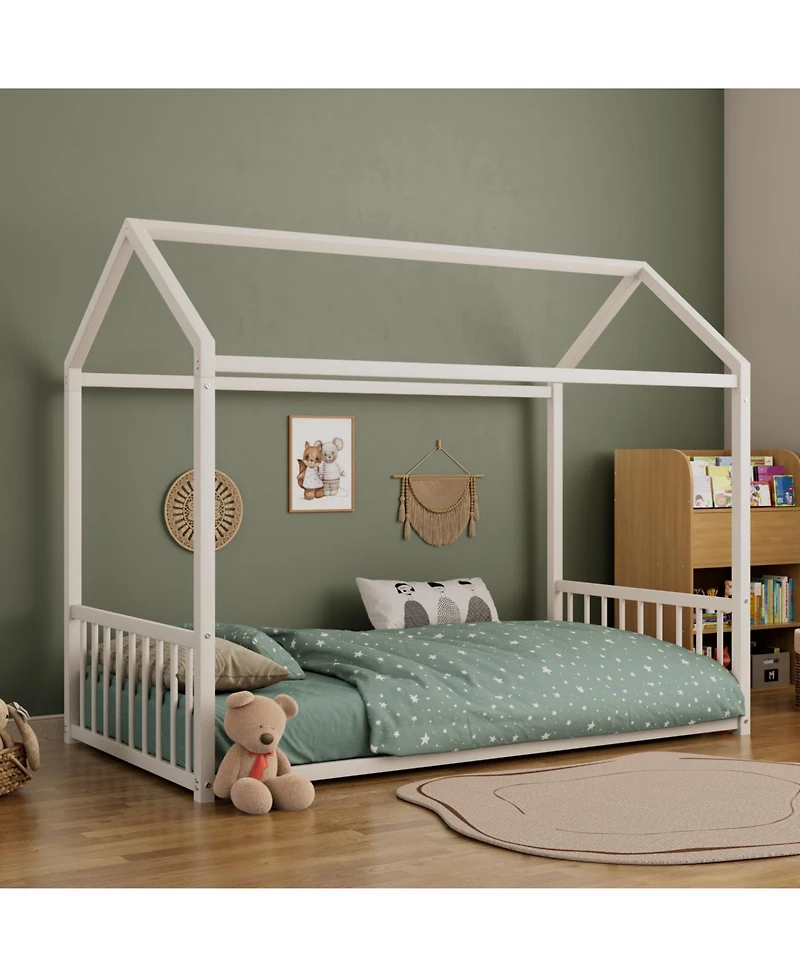 Streamdale Furniture Streamdale Twin Montessori Metal Floor Bed Frame, House Bed, Safety Rails, Easy Assemble, Black