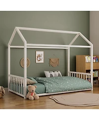 Streamdale Furniture Streamdale Twin Montessori Metal Floor Bed Frame, House Bed, Safety Rails, Easy Assemble, Black