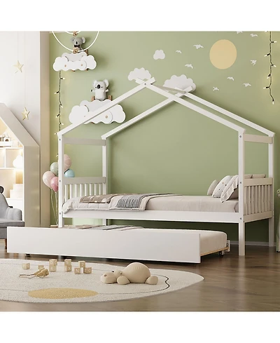 Streamdale Twin Wooden House Bed with Trundle, Gray