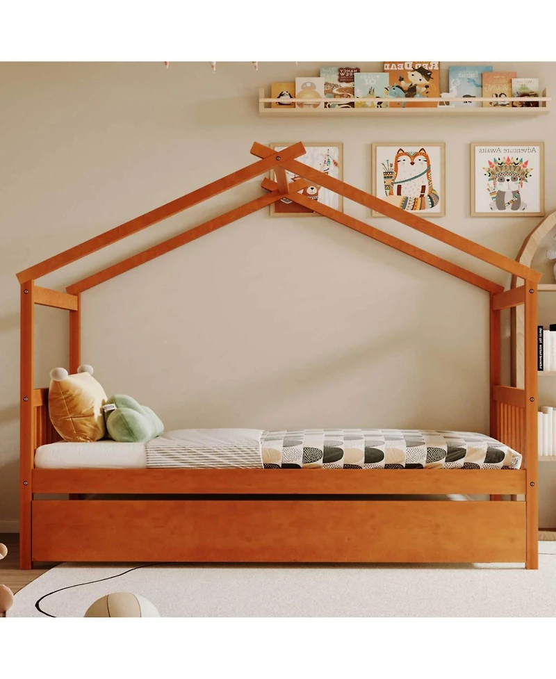Streamdale Twin Wooden House Bed with Trundle, Gray
