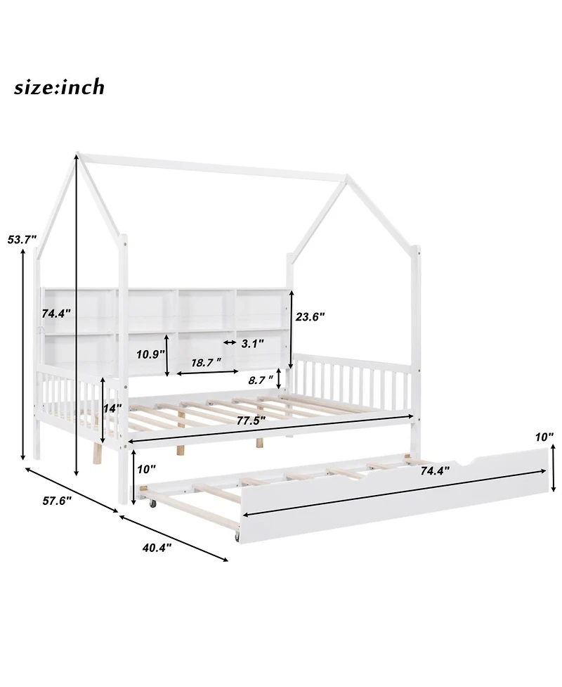 Streamdale Furniture Wooden Full Size House Bed with Trundle & Shelf - White