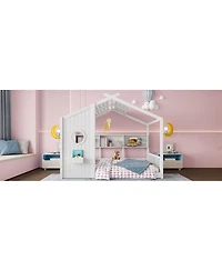 Streamdale Furniture Floor House Bed Toddler Kids Montessori Bed w/ Shelf & Roof.