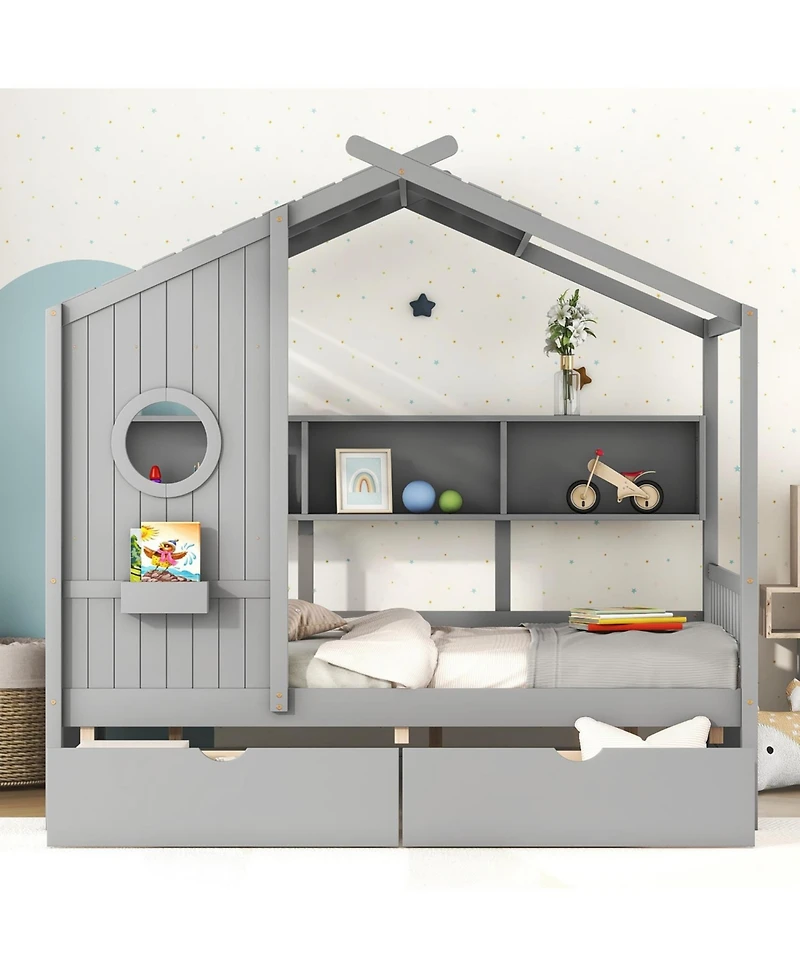 Streamdale Furniture Wooden Full Size House Bed with Drawers & Shelf
