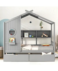 Streamdale Furniture Wooden Full Size House Bed with Drawers & Shelf