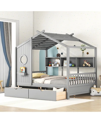 Streamdale Furniture Wooden Full Size House Bed with Drawers & Shelf