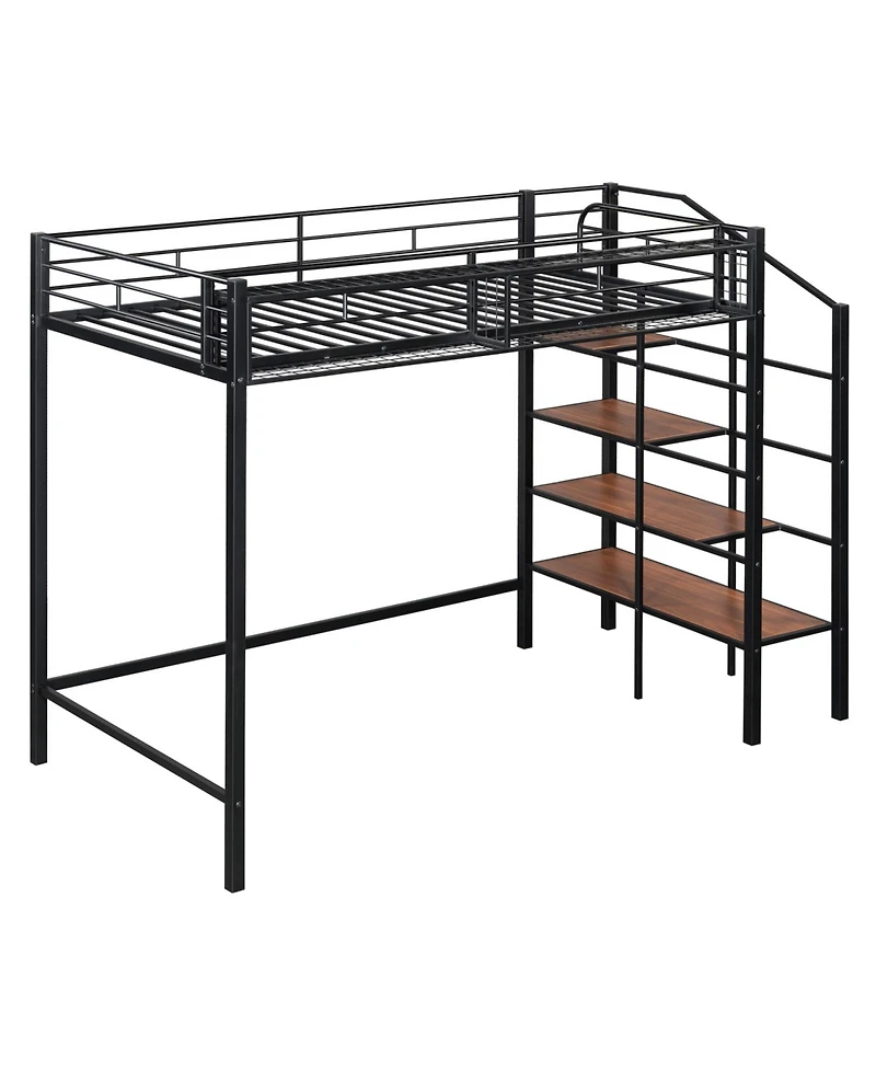 Streamdale Furniture Twin Metal Loft Bed with Grid Shelf & Ladder.