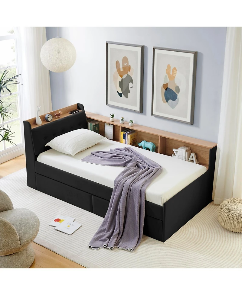 Streamdale Furniture Twin Velvet Daybed- Storage Headboard, Wireless Charging, Led