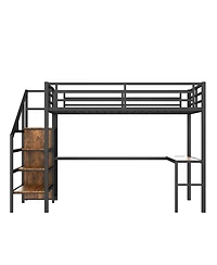 Streamdale Furniture Queen Loft Bed with Desk, Wardrobe, Shelf & Led - Wood-grain