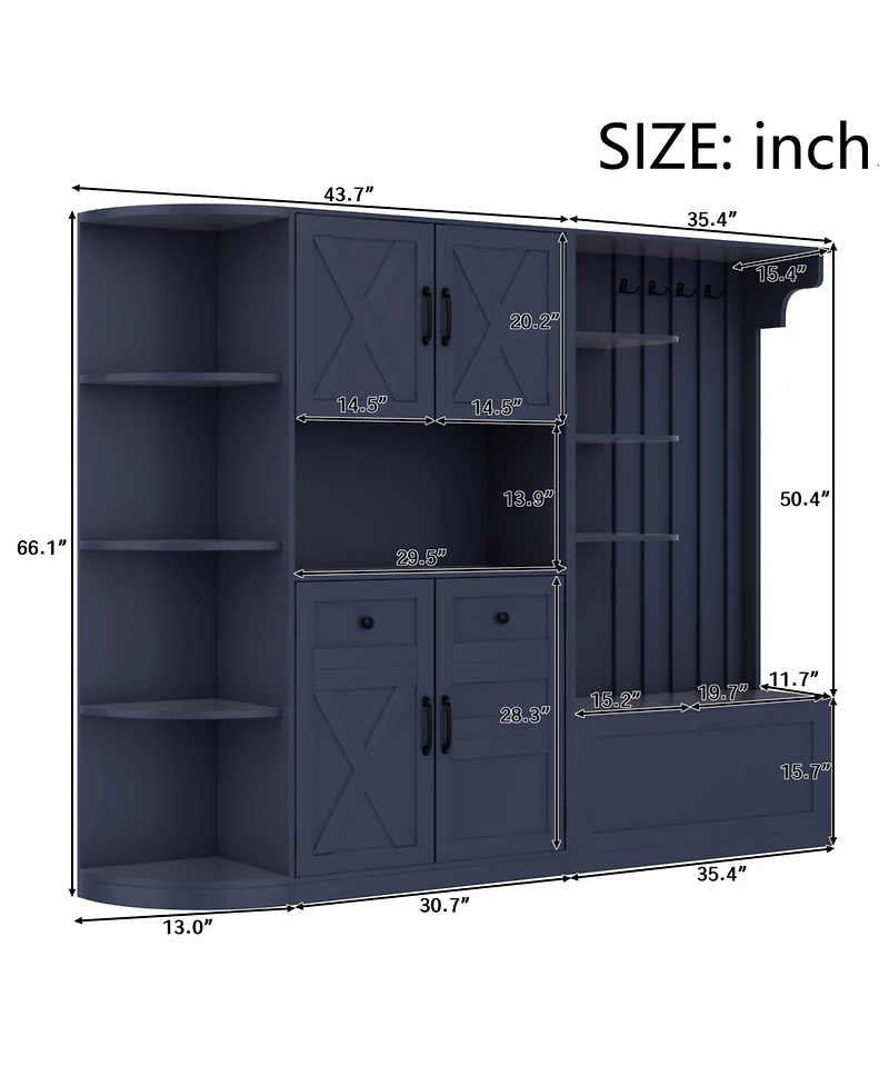 Streamdale Furniture Blue Hall Tree Cabinet with Storage & Hooks