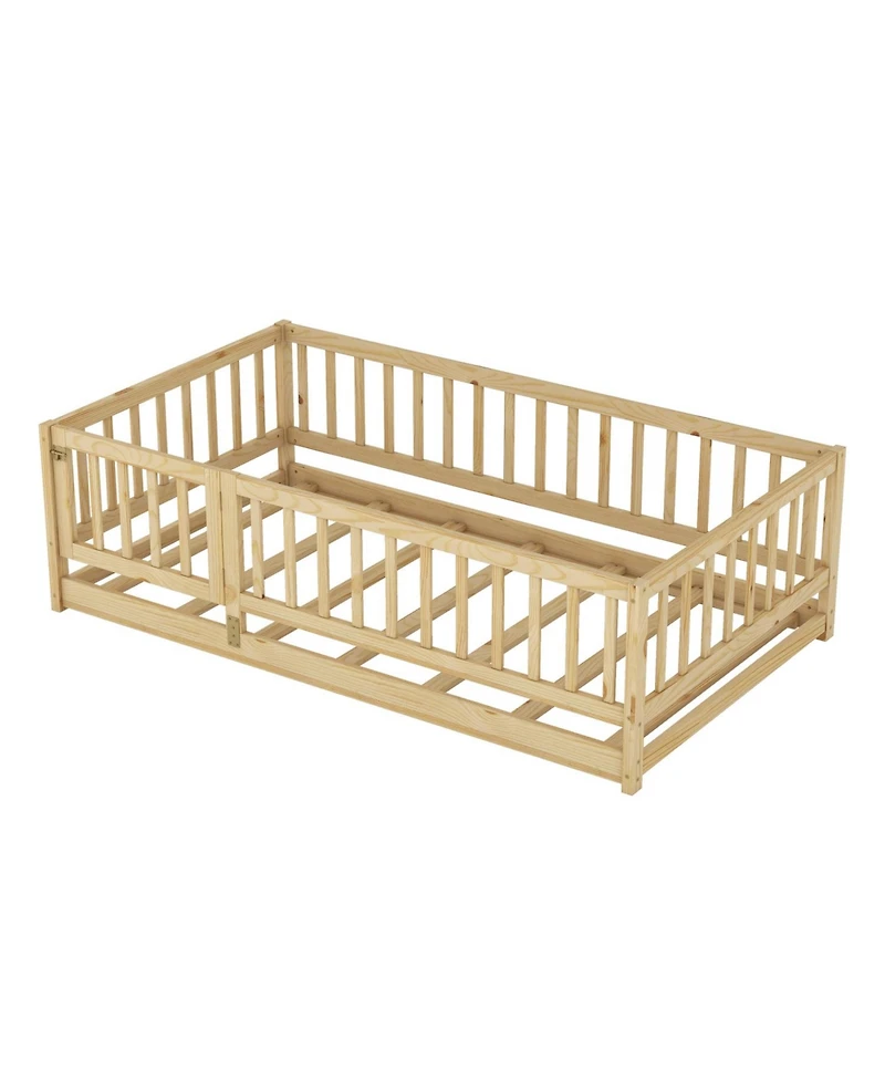 Streamdale Furniture Twin Montessori Floor Bed with Fence & Door - Oak