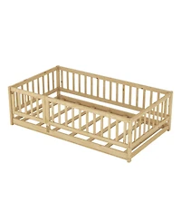 Streamdale Furniture Twin Montessori Floor Bed with Fence & Door - Oak