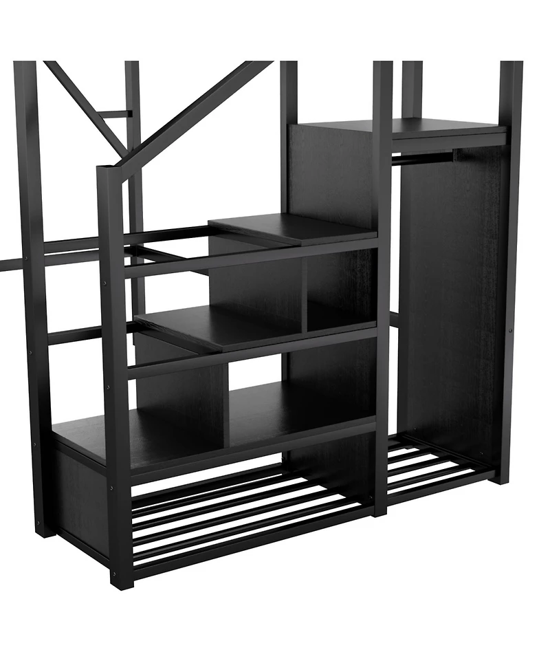 Streamdale Furniture Full Size Metal Loft Bed with Stairs, Storage & Wardrobe - Black