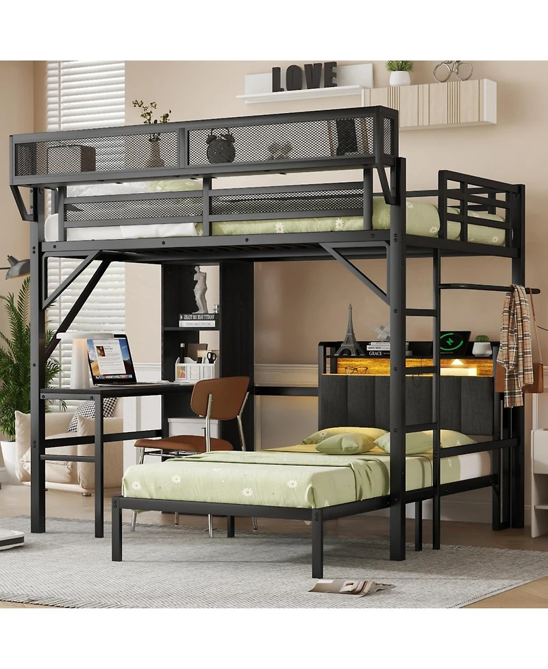 Streamdale Furniture Full/Twin Metal Bunk Bed w/ Desk, Shelves, Led & Charge