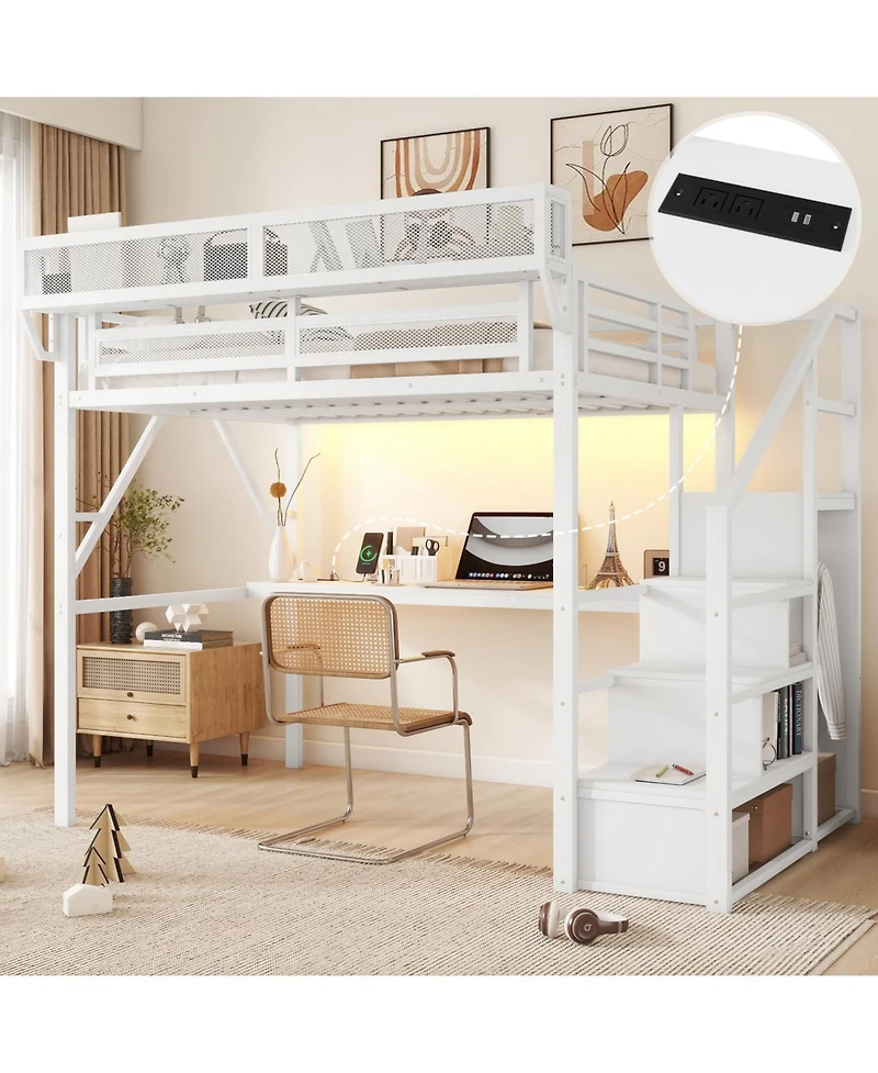 Streamdale Furniture Full Loft Bed with Desk, Stairs, Light & Charging - White
