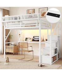 Streamdale Furniture Full Loft Bed with Desk, Stairs, Light & Charging - White