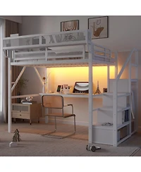 Streamdale Furniture Full Loft Bed with Desk, Stairs, Light & Charging - White