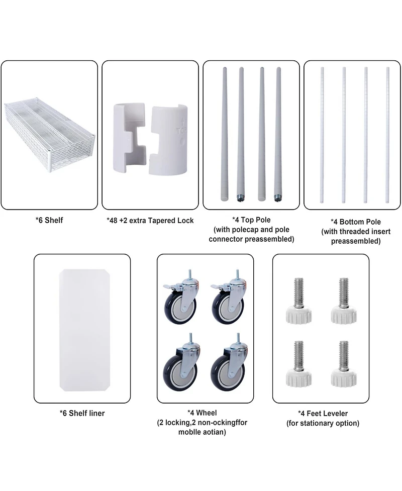 Streamdale Furniture 6-Tier Heavy Duty Metal Shelving Unit w/ Wheels & Liners - 84"H x 48"L x 20"D