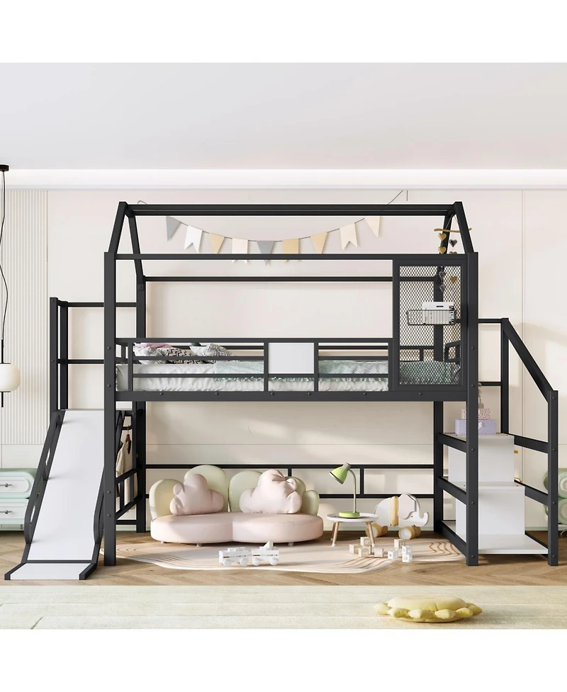 Streamdale Furniture Full House Loft Bed with Slide, Stairs, Storage, Black