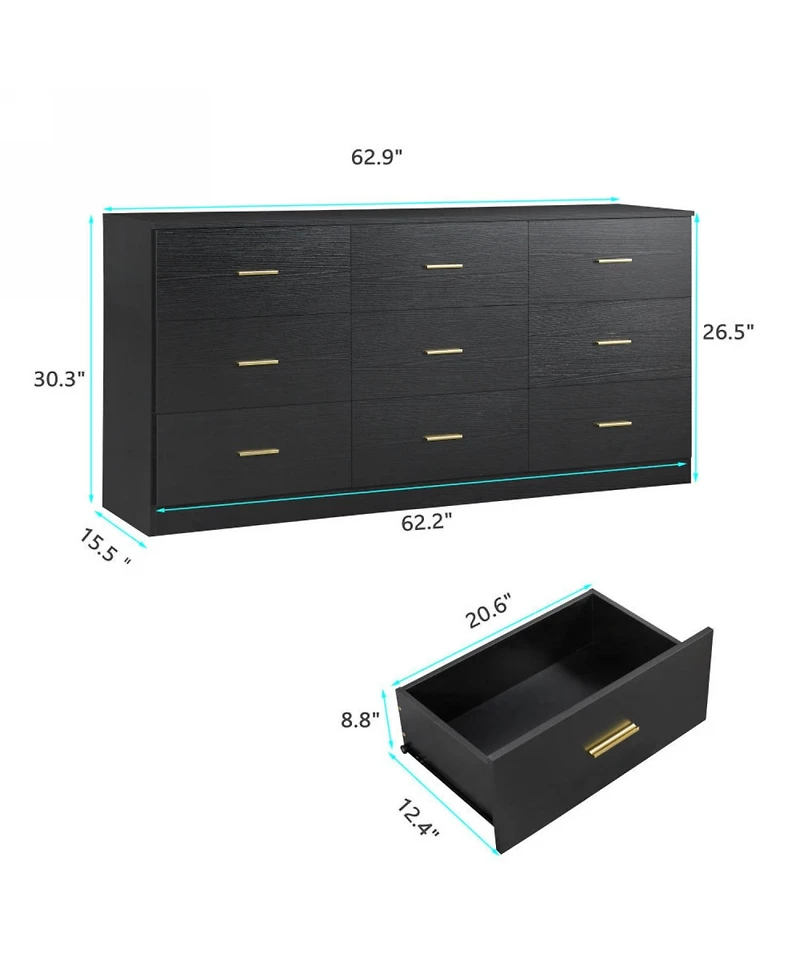 Streamdale Black 9-Drawer Dresser - Modern Bedroom Storage