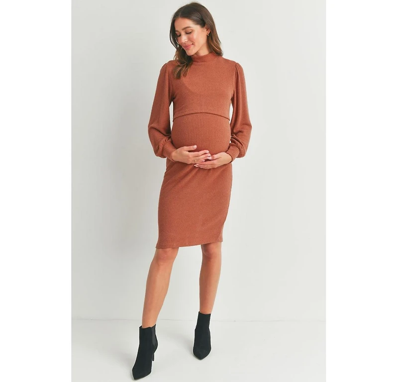 Hello Miz Maternity Double Layer Mock Neck Ribbed Nursing Dress
