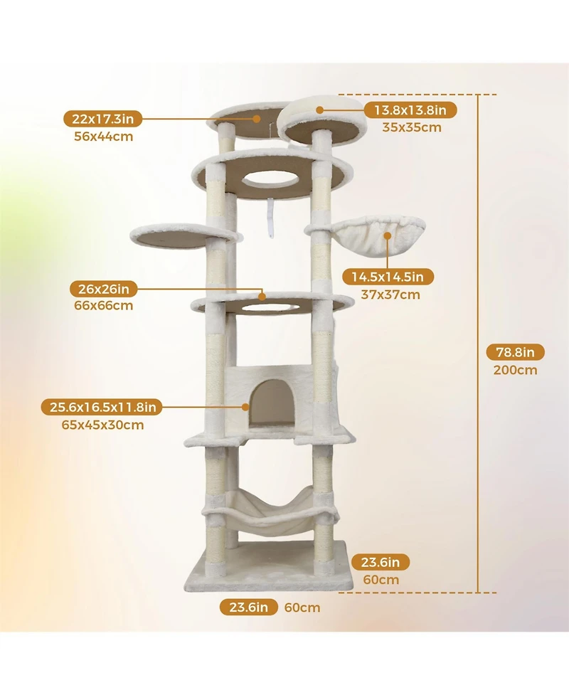 Aostirmotor 78" Beige Cat Tree Tower with Large Condo, Sisal Scratching Post & Hammock