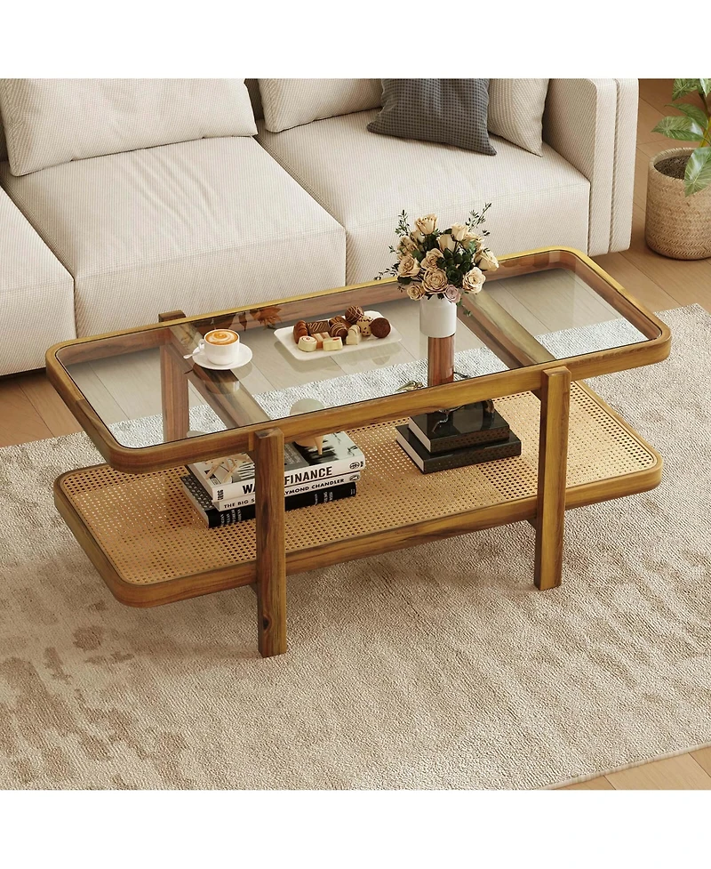 Costway 2-Tier Rustic Coffee Table with Storage Tempered Glass Tabletop Pe Rattan Shelf
