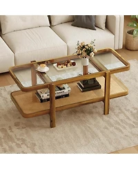 Costway 2-Tier Rustic Coffee Table with Storage Tempered Glass Tabletop Pe Rattan Shelf