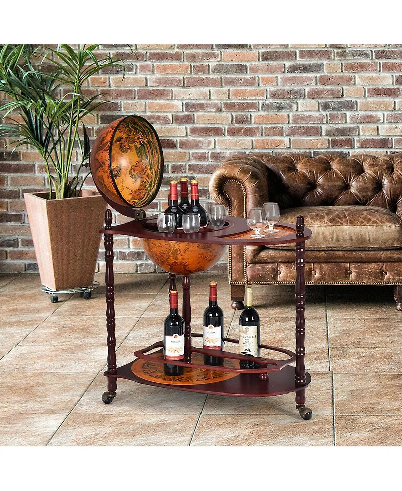 Costway Wood Globe Wine Bar Stand 34'' H 16th Century Italian Rack Liquor Bottle Shelf