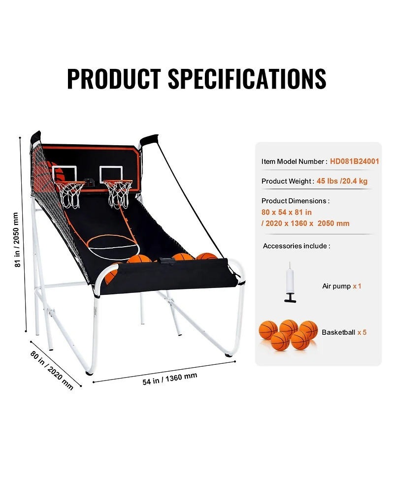 Sugift Foldable Basketball Arcade Game 2-Player Indoor Dual Shot with Scoreboard 5 Balls
