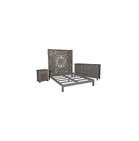 Porter Designs Mandala Hand Carved Motif Queen Bed, Gray