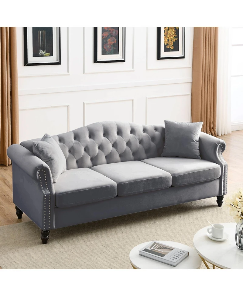 Streamdale Furniture Grey Velvet Chesterfield Sofa with Tufted Couch