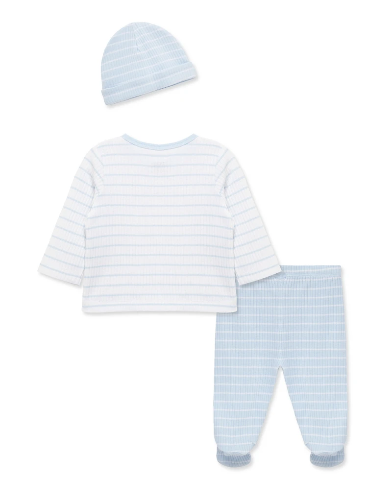 Little Me Baby Boys' Round Neck Cardigan, Footed Pants and Hat, 3-Piece Set
