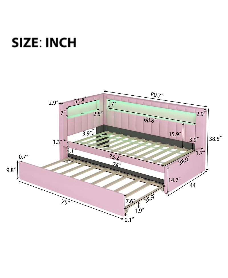 Lovmor Upholstered Twin Size Platform Bed with Usb Ports and Led Belt With Trundle Pink