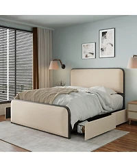 Lovmor Modern Metal Bed Frame with Curved Upholstered Headboard and Footboard Bed with 4 Storage Drawers Heavy Duty Metal Slats King Size Beige