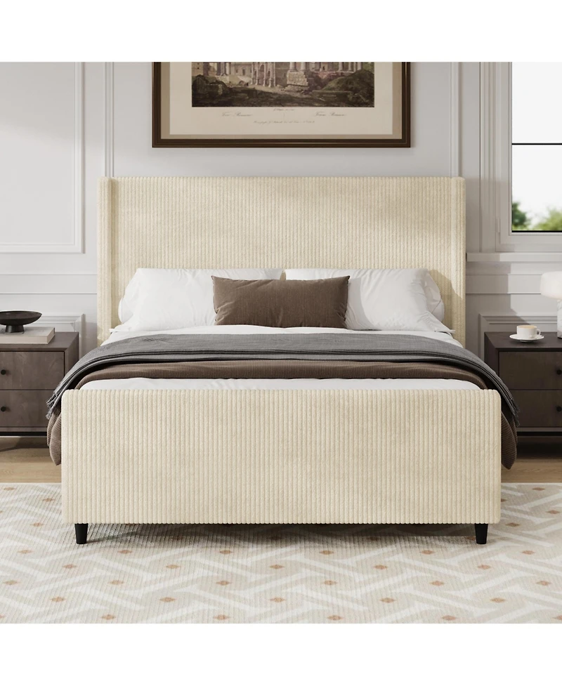 Lovmor King Size High Headboard Corduroy Upholstered Bed Frame with Vertical Stripe Wingback and High Footboard