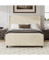 Lovmor King Size High Headboard Corduroy Upholstered Bed Frame with Vertical Stripe Wingback and High Footboard
