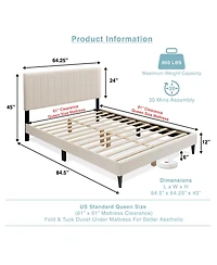 Lovmor Upholstered Queen Platform Bed Frame Tufted Channel Headboard Mid-Century Bedroom Furniture No Box Spring Required