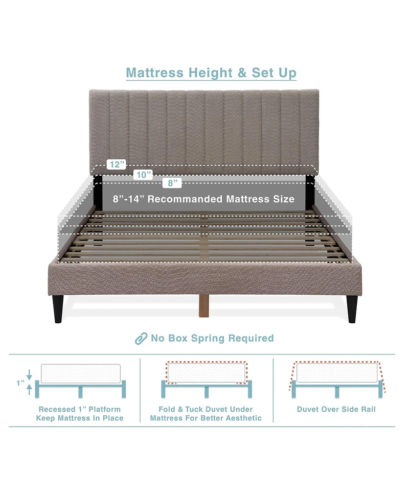 Lovmor Gray Upholstered Queen Platform Bed Frame Tufted Channel Headboard Mid-Century Bedroom Furniture No Box Spring Required