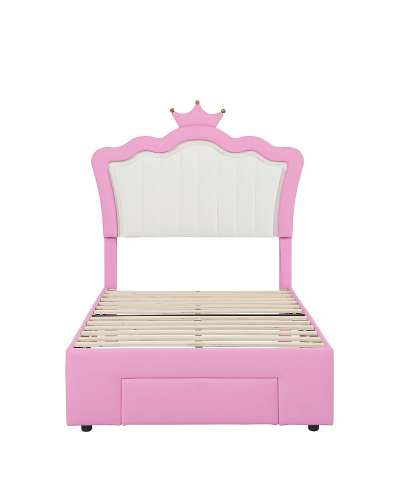 Lovmor Twin Size Upholstered Bed Frame with Led Lights Modern Upholstered Princess Bed with Crown Headboard a Drawer