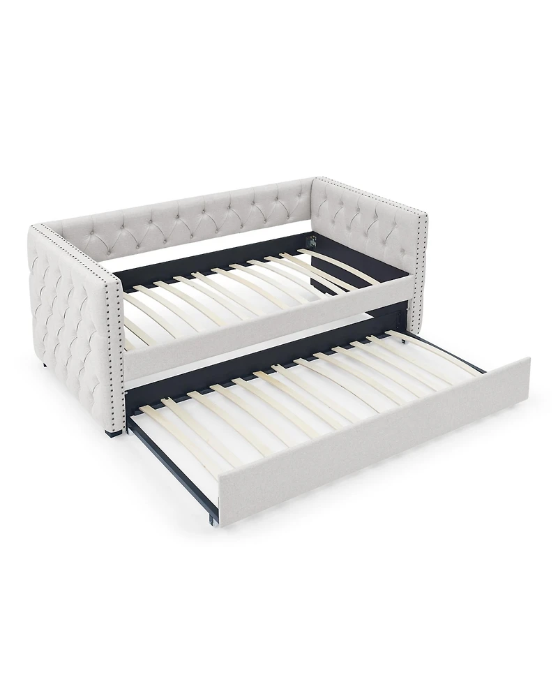 Lovmor Daybed with Trundle Upholstered Tufted Sofa Bed with Button and Copper Nail on Square Arms both Twin Size Beige