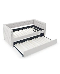 Lovmor Daybed with Trundle Upholstered Tufted Sofa Bed with Button and Copper Nail on Square Arms both Twin Size Beige