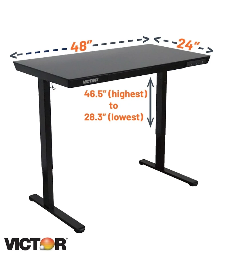 Victor Hi Rise Standing Desk with Drawer, Glass Top, 48x24" Desk